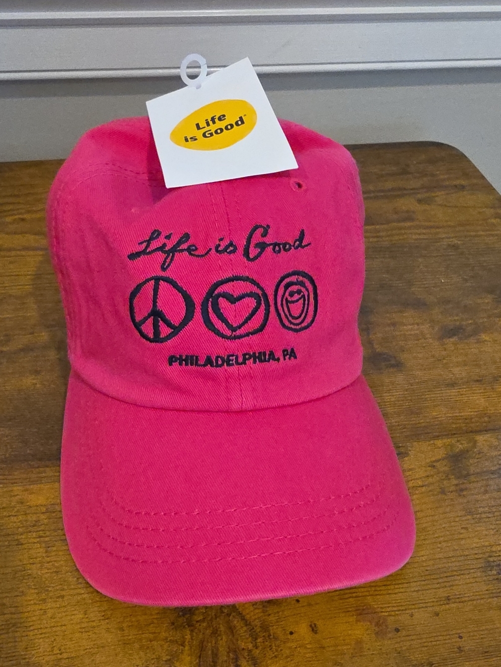 Life Is Good Womens Hot Pink Baseball Cap with Embroidered Peace, Heart & Smile